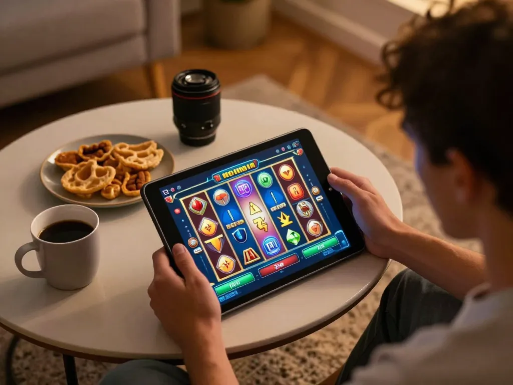Sunwin player enjoying online slot game on tablet in cozy home environment, highlights strategic gaming.
