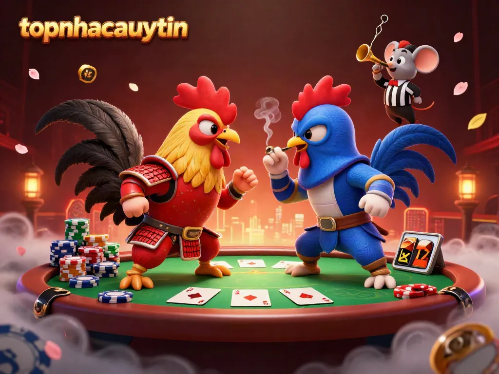 Dynamic standoff of twin roosters representing topnhacaiuytin, showcasing casino elements in a vibrant scene.