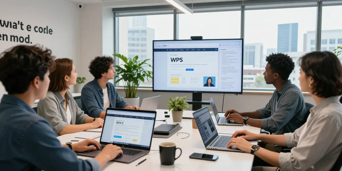 Team collaborating at a modern office showcasing the WPS Official Website features and applications in action.