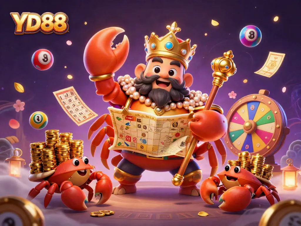 Engage in thrilling gambling action with YD88 featuring a golden crab emperor in a vibrant casino scene.