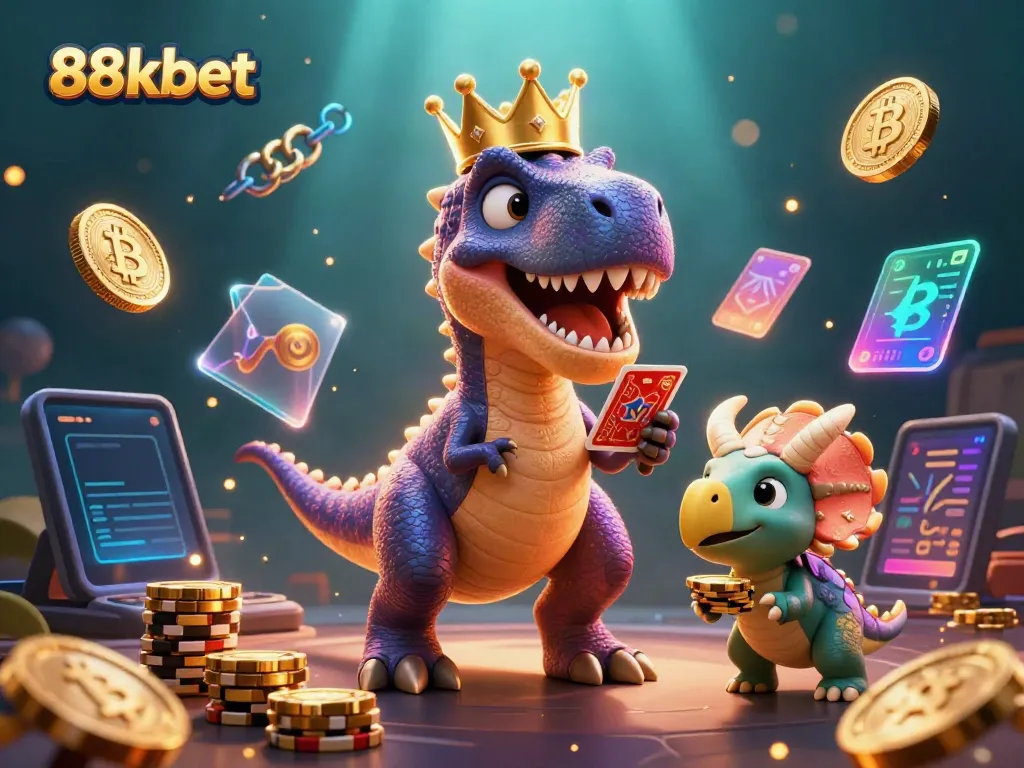 Engage in thrilling casino fun with 88kbet featuring vibrant T-Rex and playful pterodactyl in a dynamic scene.