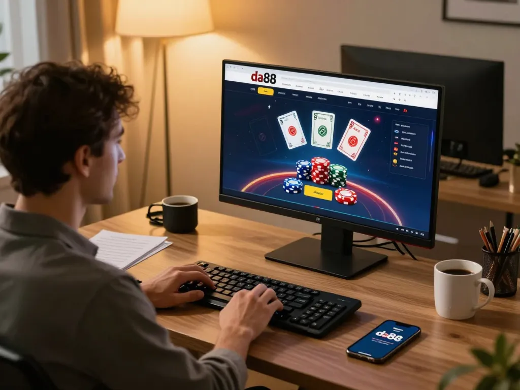 Player engaging in da88 online gaming at modern home office with live dealer.