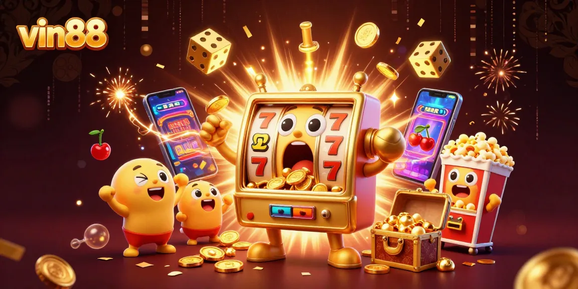 Win big at vin88 with a vibrant scene of a golden slot machine celebrating a jackpot