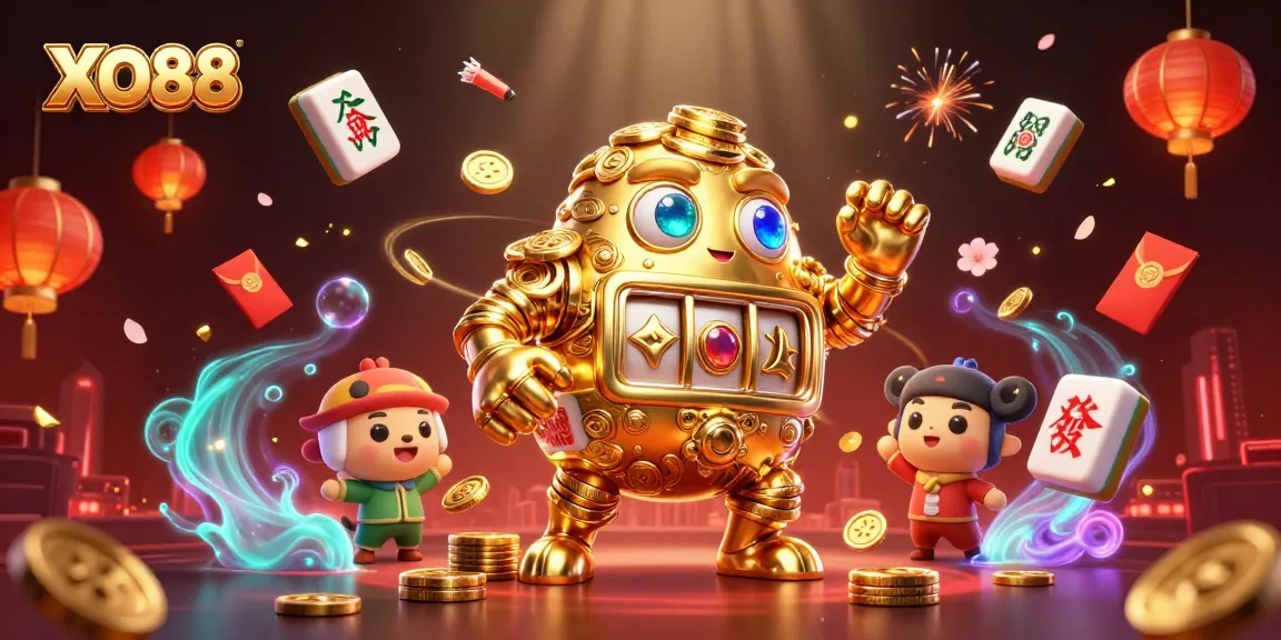 Engage with the vibrant gaming universe of XO88 featuring a golden golem, exquisite mahjong tiles, and festive elements.