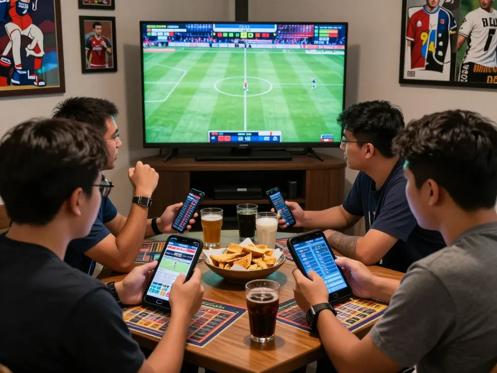 Engaged bettors analyzing keonhacai sports betting statistics in a lively setting.