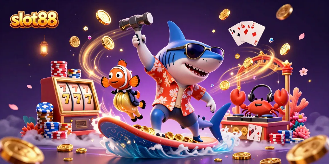Play thrilling slot88 games amidst whimsical casino characters, gold coins, and vibrant visuals.