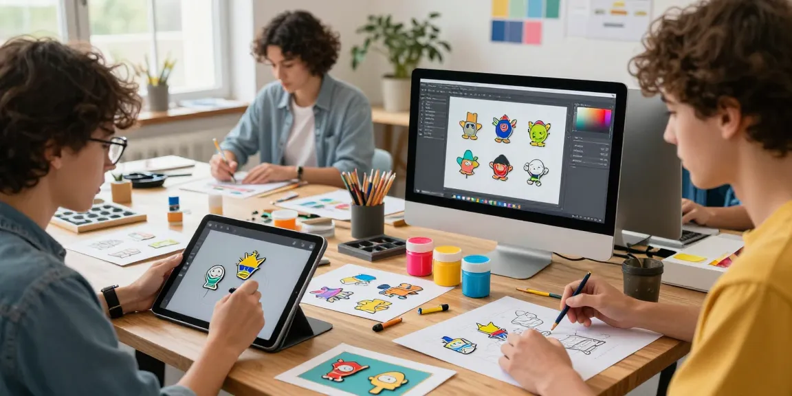 Artists designing custom enamel pins in a bright studio with vibrant colors and creative tools.