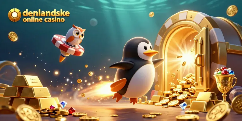 Experience the excitement of udenlandske online casino with a vibrant 3D scene featuring a rocket-powered penguin and treasure.