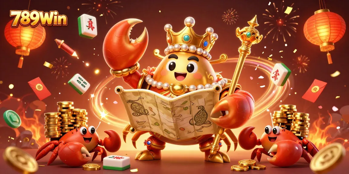 Engage with thrilling casino games at 789Win featuring a golden crab emperor amidst vibrant game elements and exciting energy.