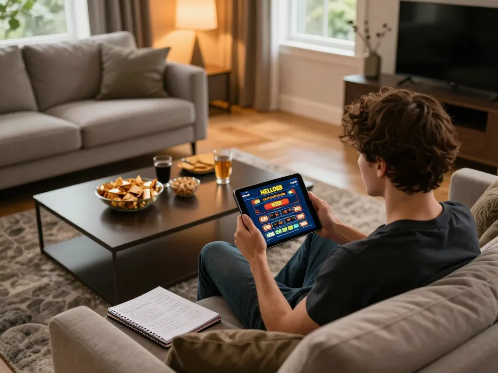 Player enjoying HELLO88 while strategizing in a cozy and modern home setting