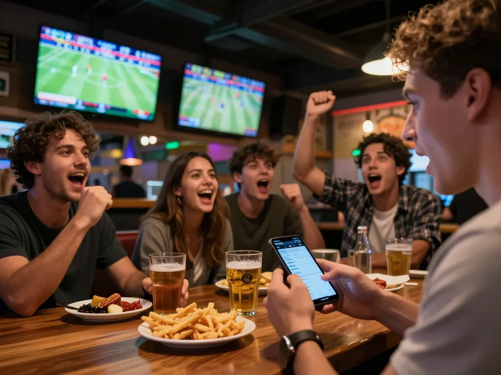 Engaged sports fans placing bets using the Trang chủ Five88 app in a lively sports bar setting.