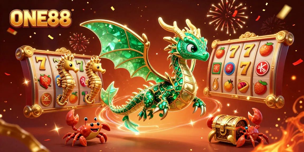 Engage with ONE88's vibrant casino adventure featuring a sea dragon and dynamic slot symbols.