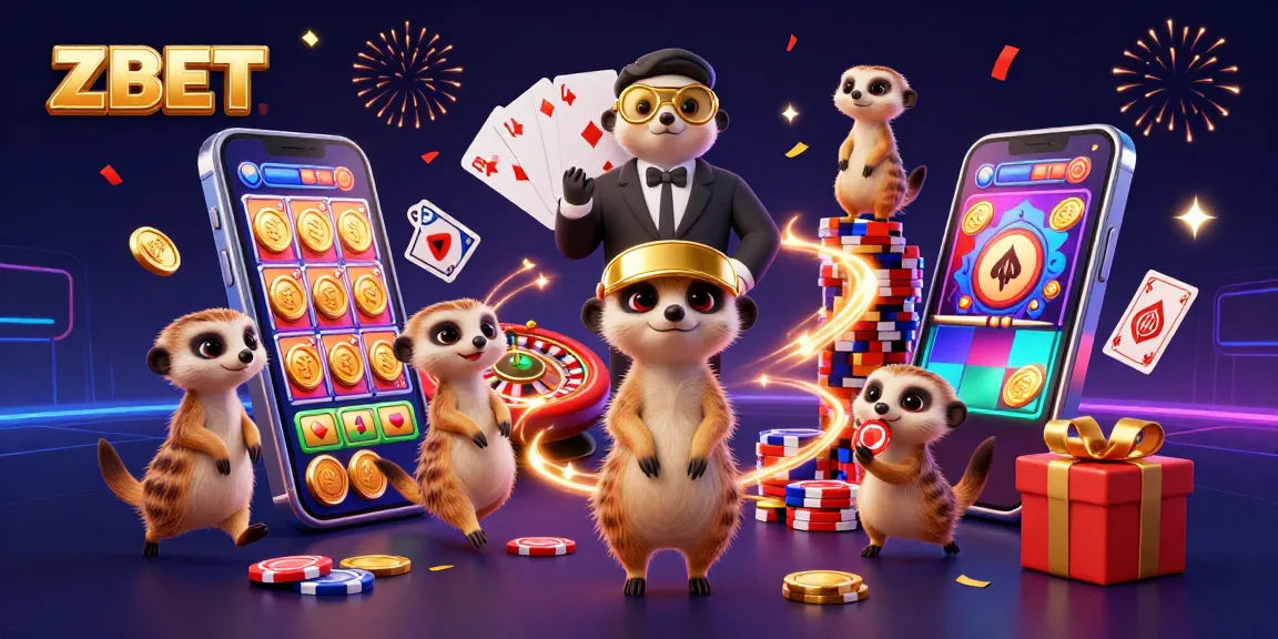 ZBET delivers an exciting casino experience with meerkats amidst spinning slot games and poker elements.