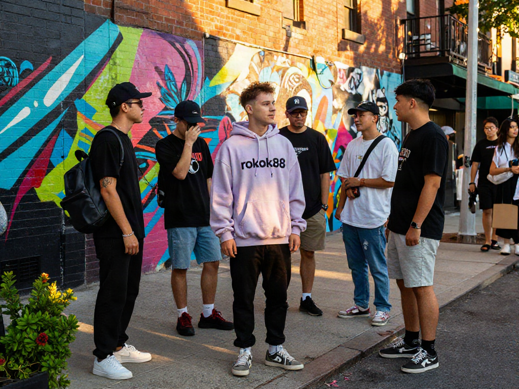 Young adults in fashionable outfits engage with urban art, showcasing rokok88 streetwear styles.