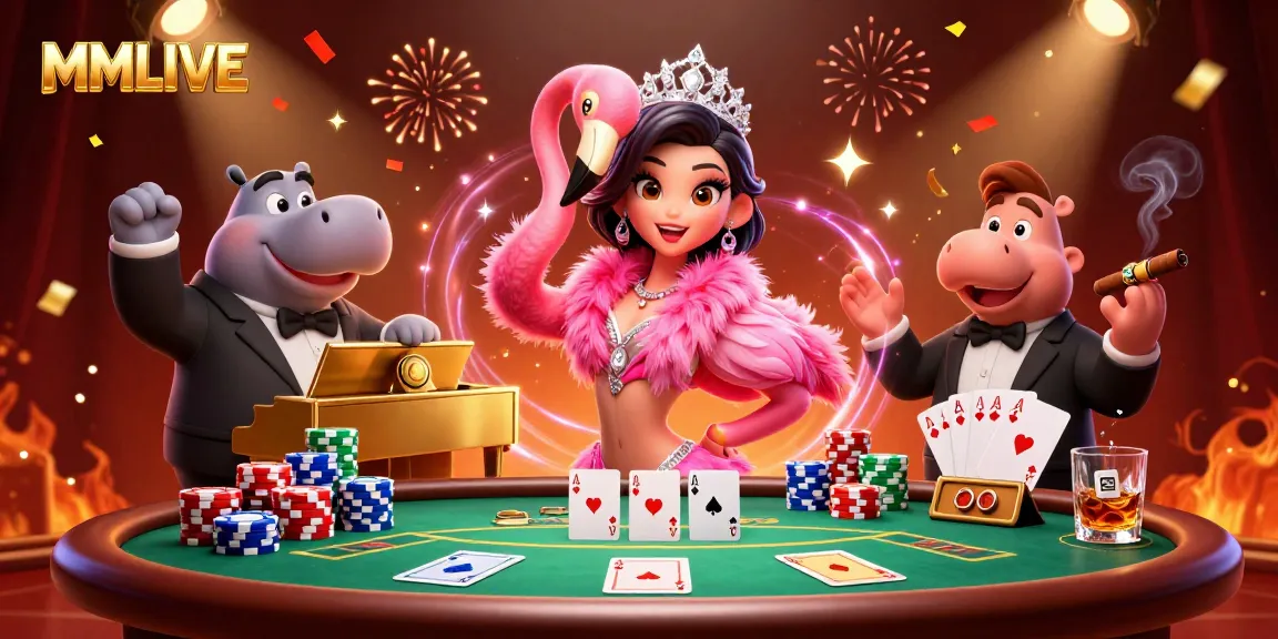 Engage with MMLIVE through vibrant 3D casino illustration showing lively poker action and characters.