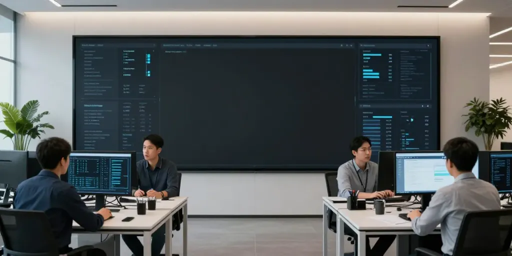 Adversarial testing analysis in a modern cybersecurity workspace with teams focused on vulnerabilities.