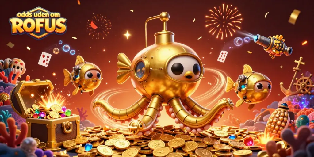 Engage with odds uden om ROFUS in this dynamic 3D casino scene featuring vibrant underwater elements.