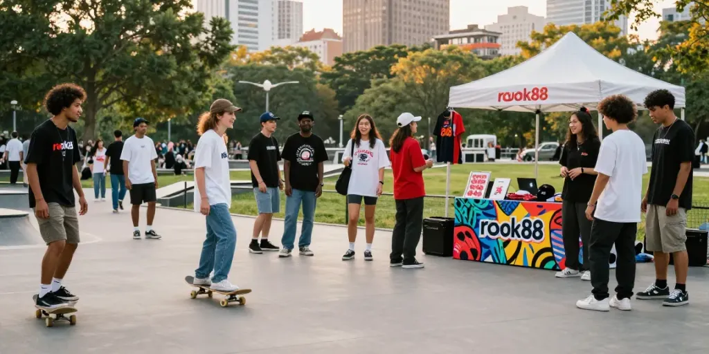 Group of friends showcasing rokok88 merchandise in a vibrant urban park.
