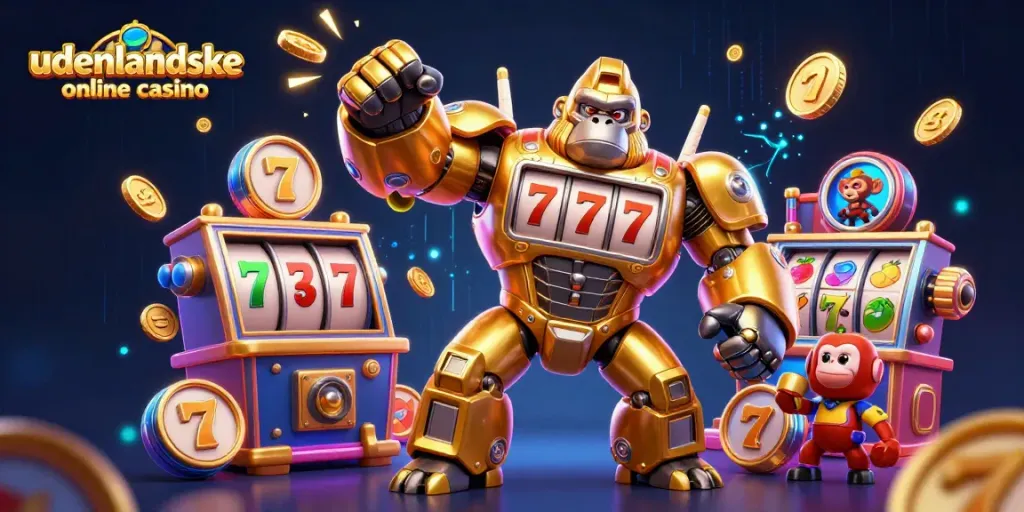 Engage with udenlandske online casino adventures featuring a dynamic golden gorilla mech and slot machine elements.