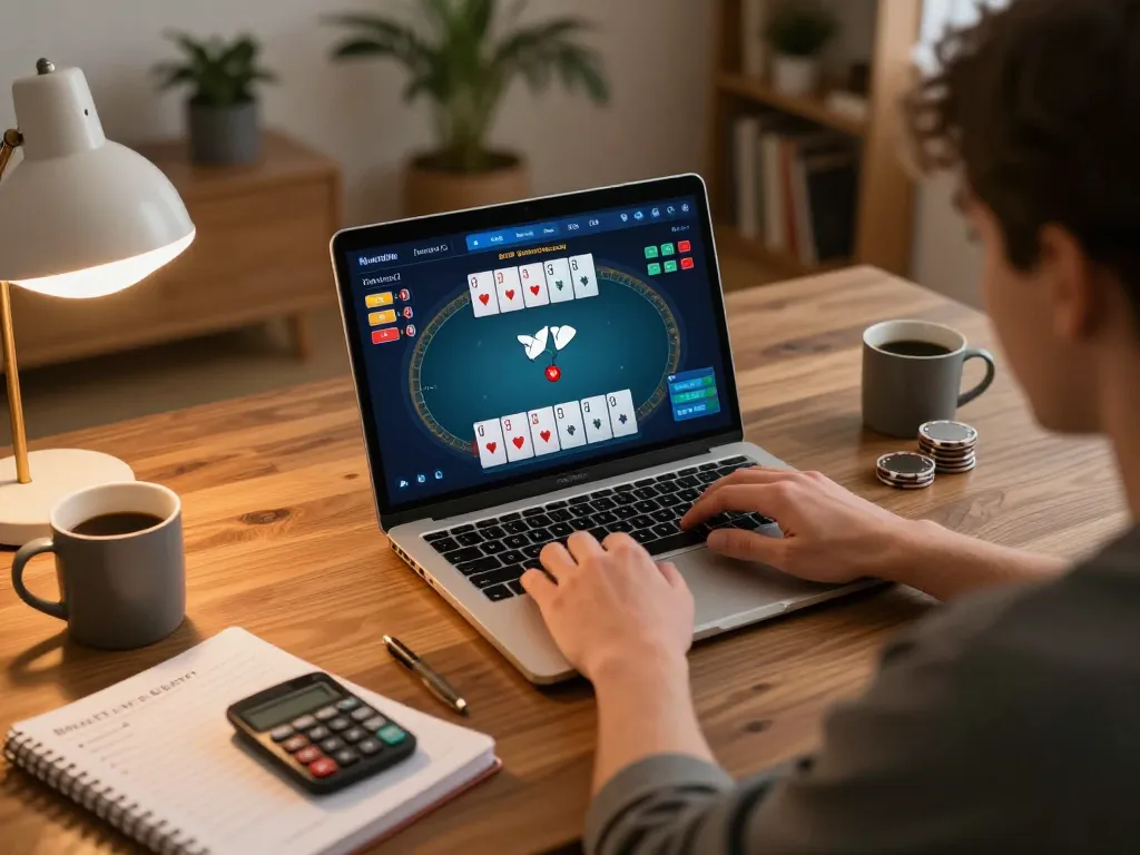Cwin online poker gameplay at cozy home setup, showing cards, strategies, and betting tools.