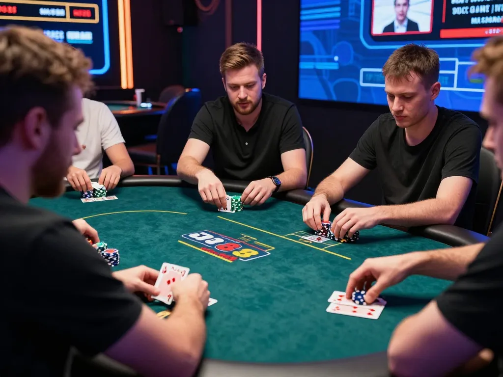 MAY88 poker players strategizing with competitive chips and cards in vibrant online setting.
