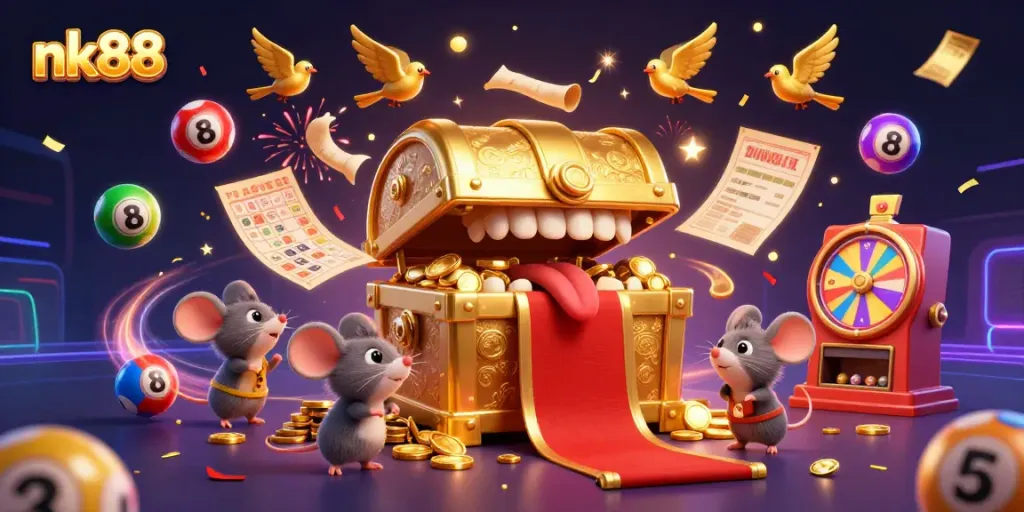 Experience the allure of nk88 with a treasure chest and colorful lottery elements, and dynamic casino action.