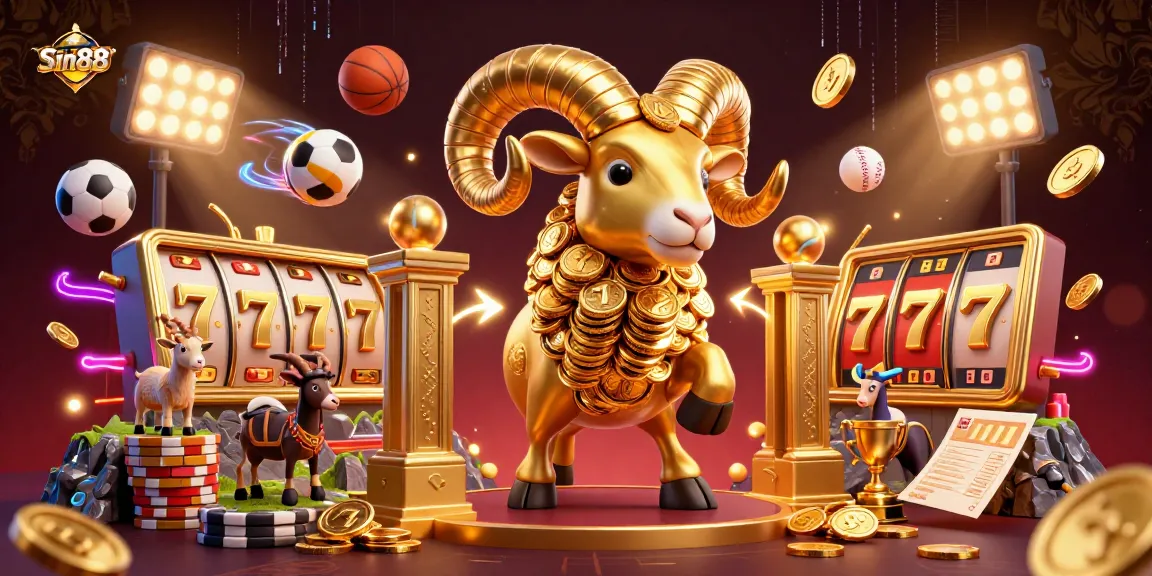 Sin88's vibrant 3D illustration features a golden ram charging at a jackpot gate with slot reels and sports elements.