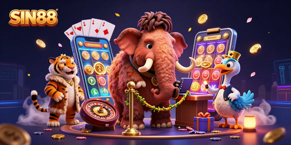 SIN88 showcases a vibrant casino scene with a woolly mammoth bouncer and a saber-tooth tiger guest.