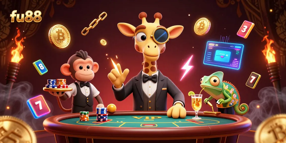 fu88 featuring a high-roller giraffe and monkey valet celebrating big wins at a luxury poker table