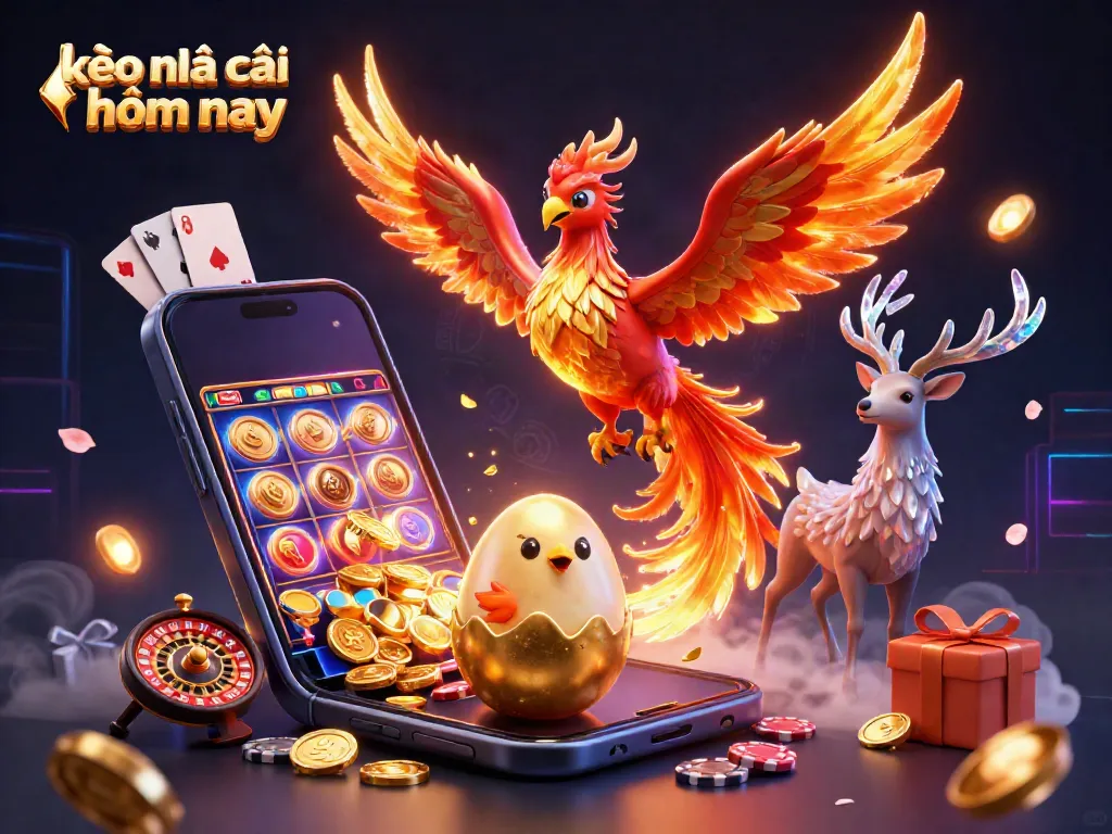 Engage with kèo nhà cái hôm nay through vibrant 3D illustration showcasing a dynamic phoenix, chick, and stag amidst casino elements.