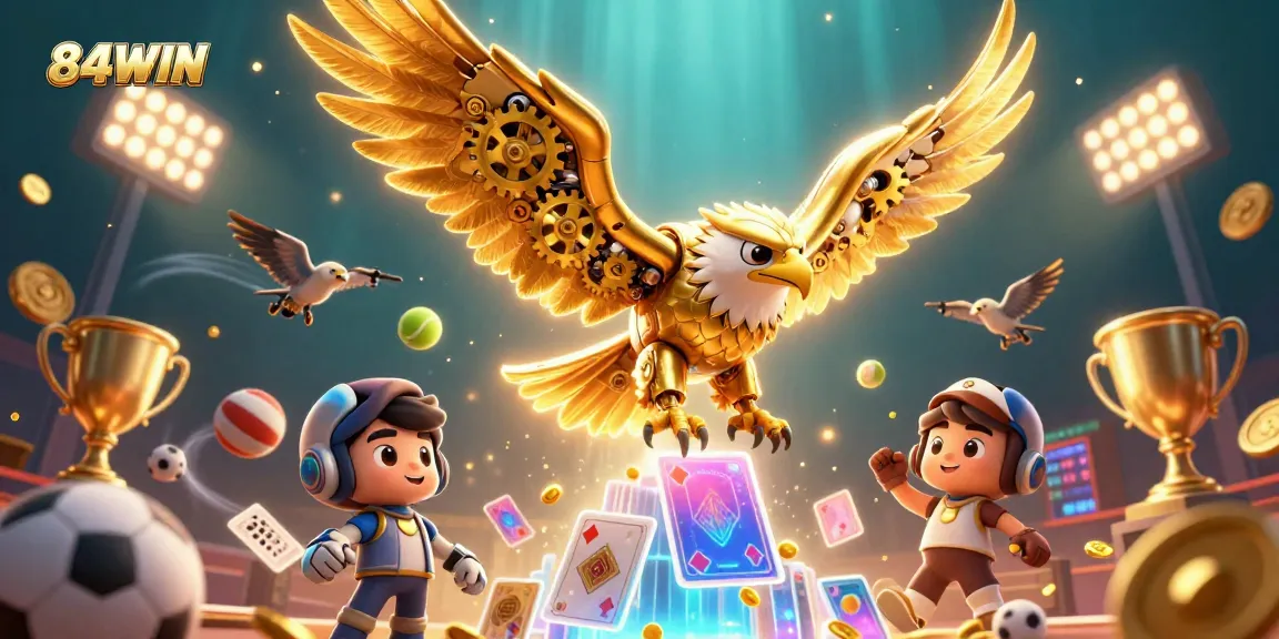 Experience the thrill of 84WIN with a cybernetic eagle diving through holographic cards and sports elements