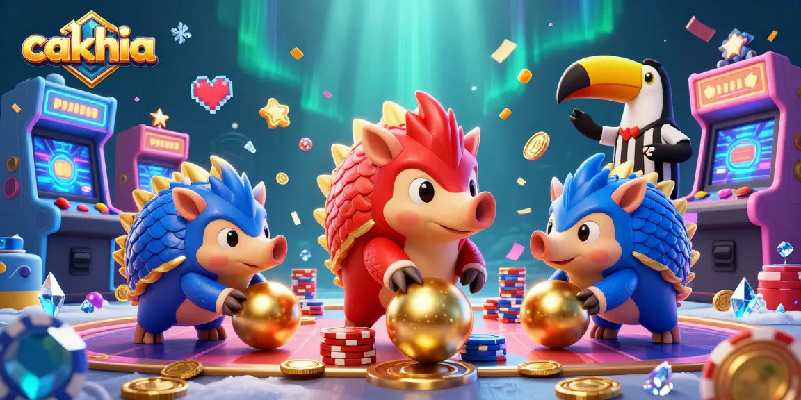 Cakhia pangolins compete in a vibrant casino scene with poker chips and arcade machines.