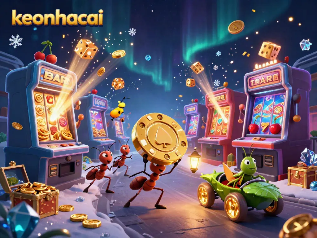 Engaging keonhacai scene with cartoon ants on a heist carrying a poker chip amidst vibrant casino elements.
