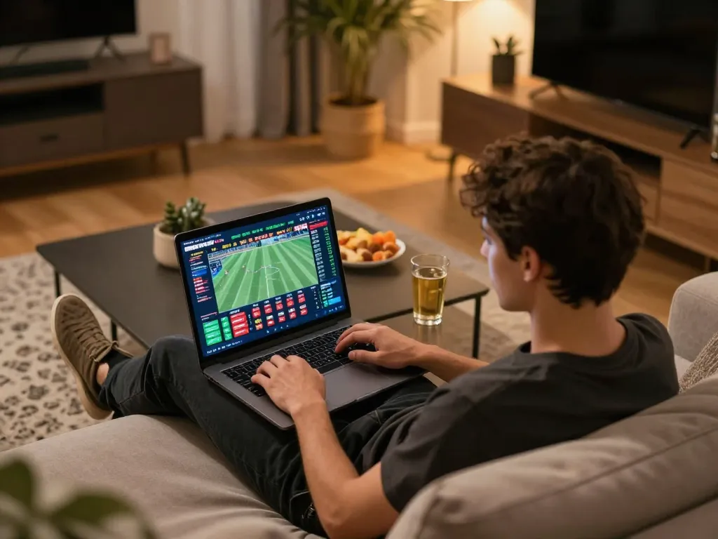 Engaged user placing bets on sports with XX88 online gaming platform from cozy home