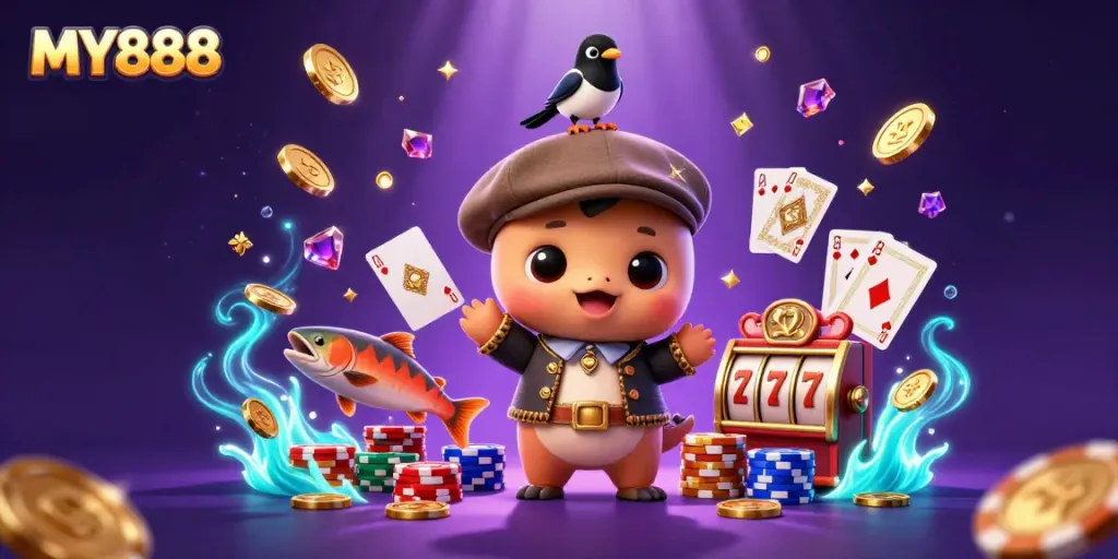 Experience the excitement of MY888 with vibrant characters and dynamic casino elements in this thrilling illustration.