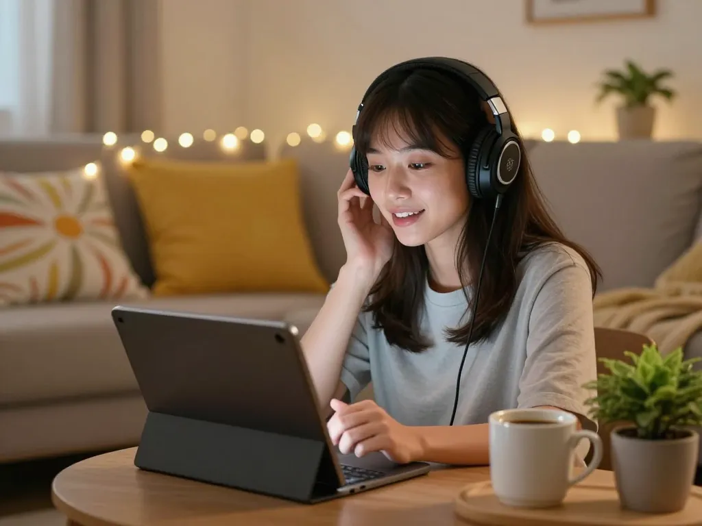 Engaging with girlfriend AI on a tablet in a cozy home setting, showcasing digital companionship.