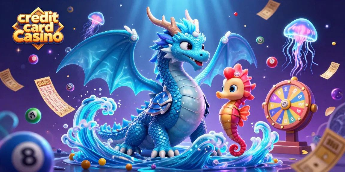 Experience excitement in a credit card casino with vibrant dragons, jellyfish, and lottery elements.