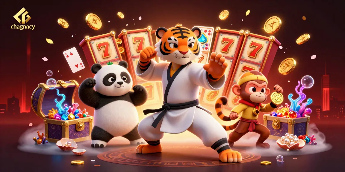 Experience the thrill of gaming with chagency's dynamic scene featuring a kung fu tiger, panda, and monkey surrounded by slots and gold coins.