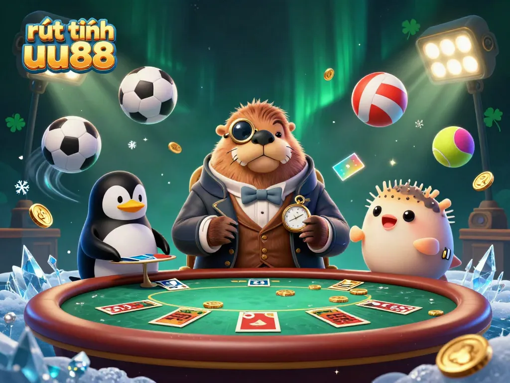 Engaging scene of rút tiền uu88 with 3D walrus, penguin dealer, and pufferfish player at a poker table.