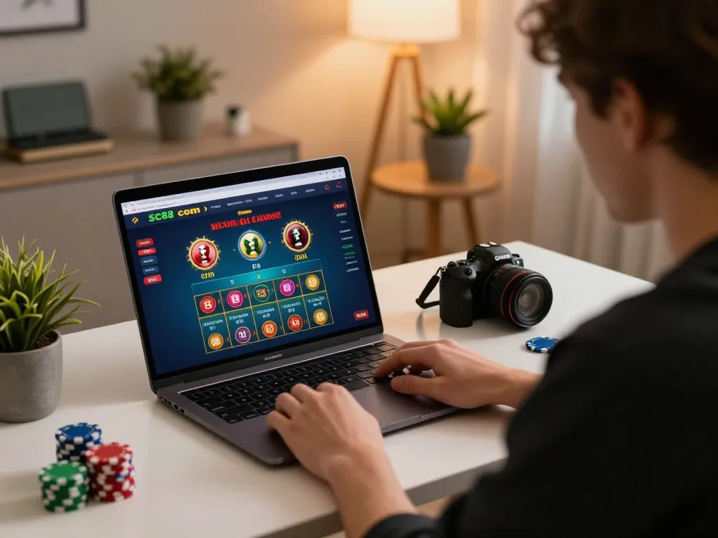 Engaged user placing bets on SC88 Com app in stylish home office, showcasing mobile gambling experience.