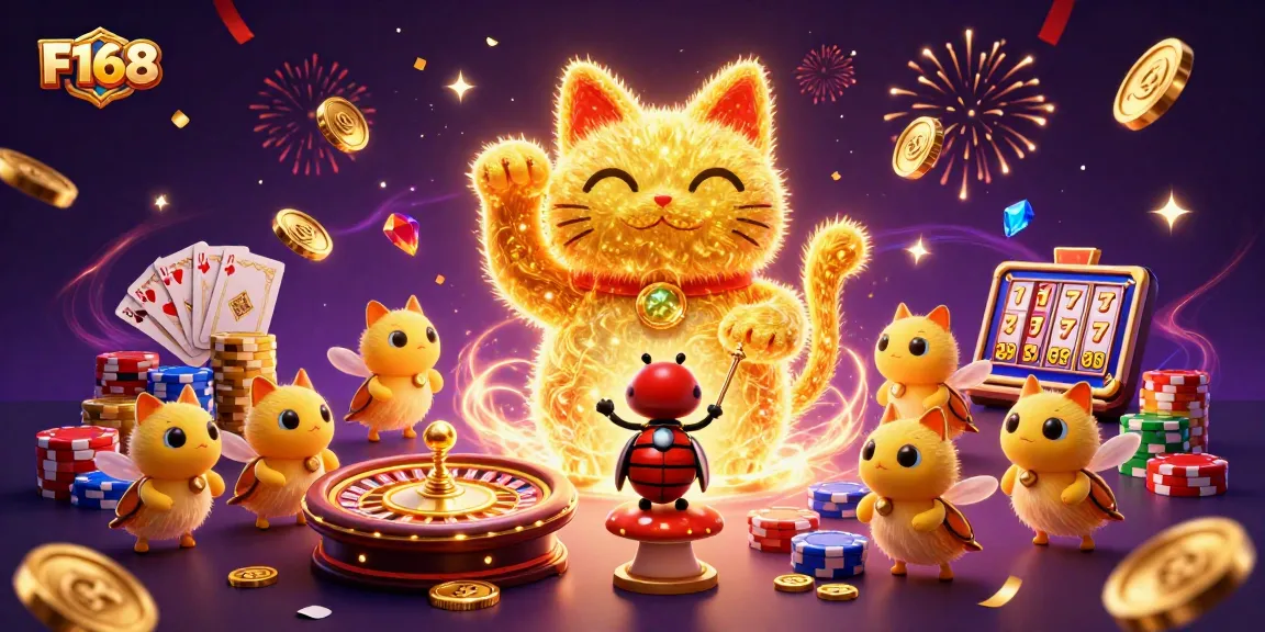 Experience the thrill of F168 with a dynamic casino-themed 3D illustration showcasing lucky symbols.