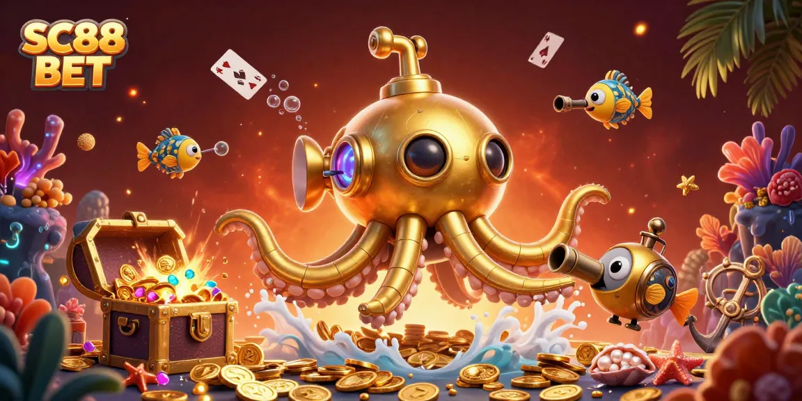 Engage in thrilling gameplay adventures with SC88 BET, featuring a golden kraken submarine and mechanical fish.