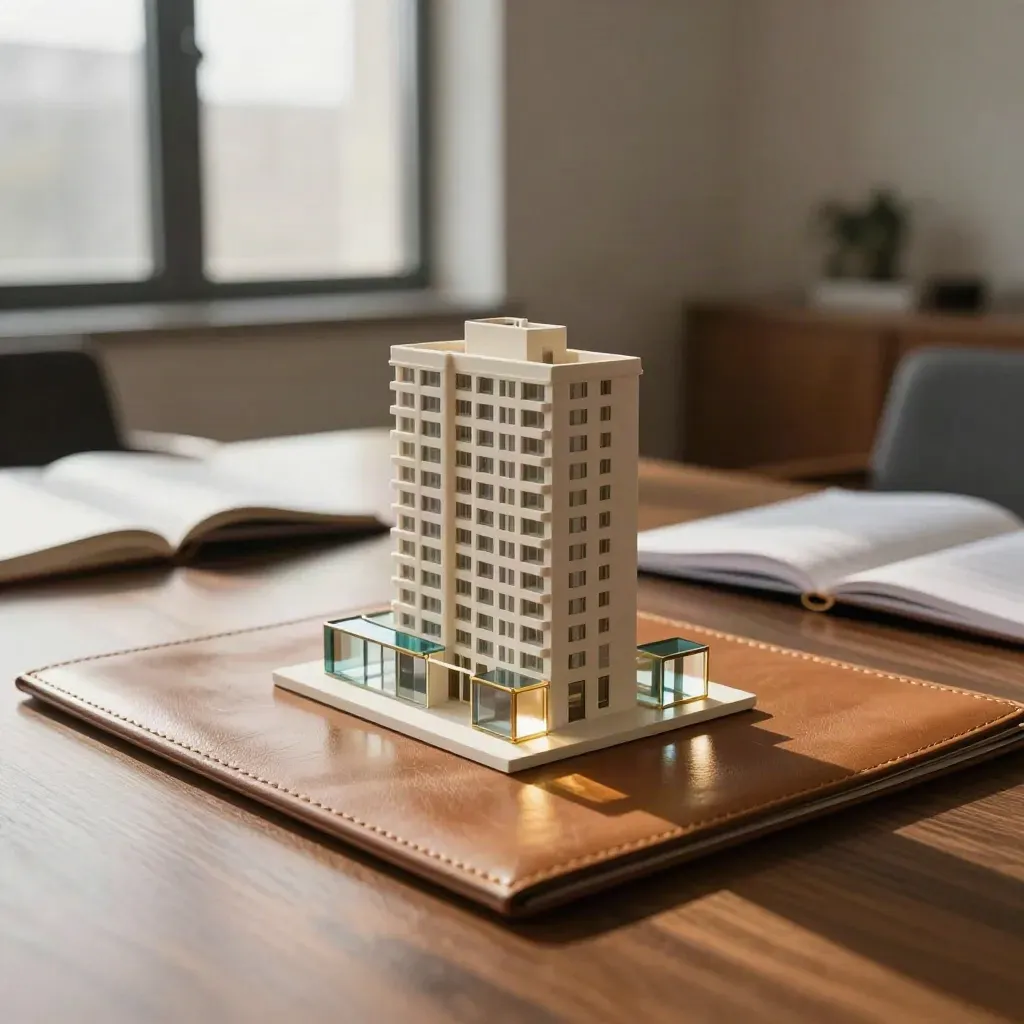 Boardroom table with apartment maquette, leather folio, and glass blocks in warm late-afternoon light