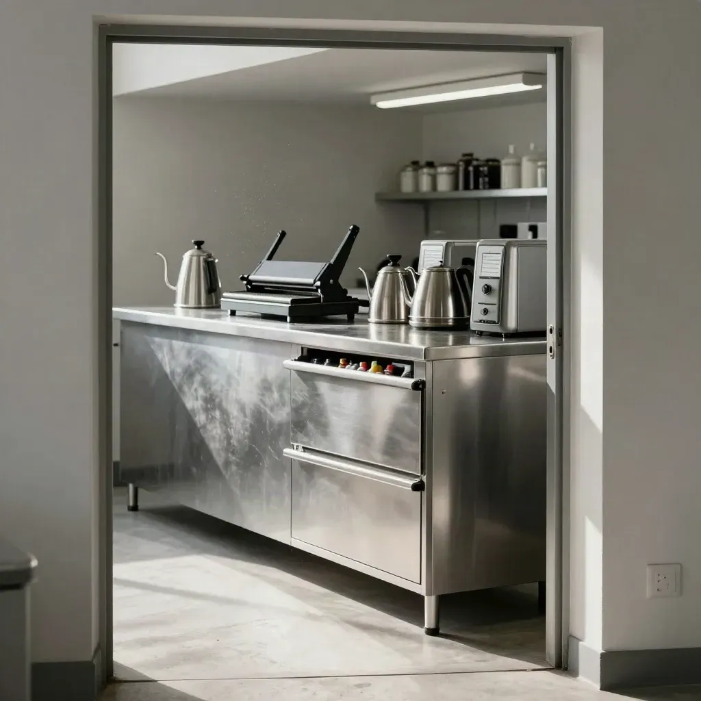 Retail backroom appliances with asset tags beside a stainless counter and spare parts drawer.