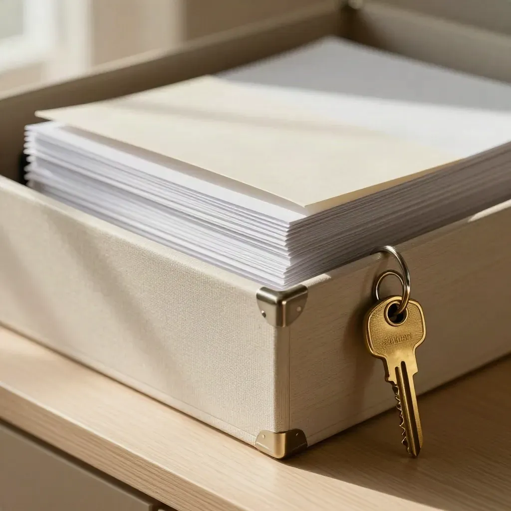 Owner file box, brass keys, and white archival sleeves on a pale oak console in warm window light.
