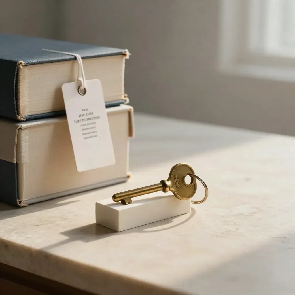 Brass house key, archive boxes, model block and metal tags on limestone at dawn.