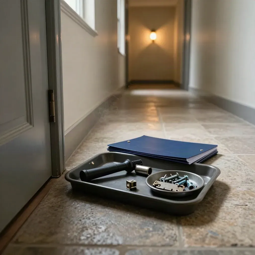 Maintenance tray with torch, lock cylinder and folder sleeves beside a flat door in a dim corridor.