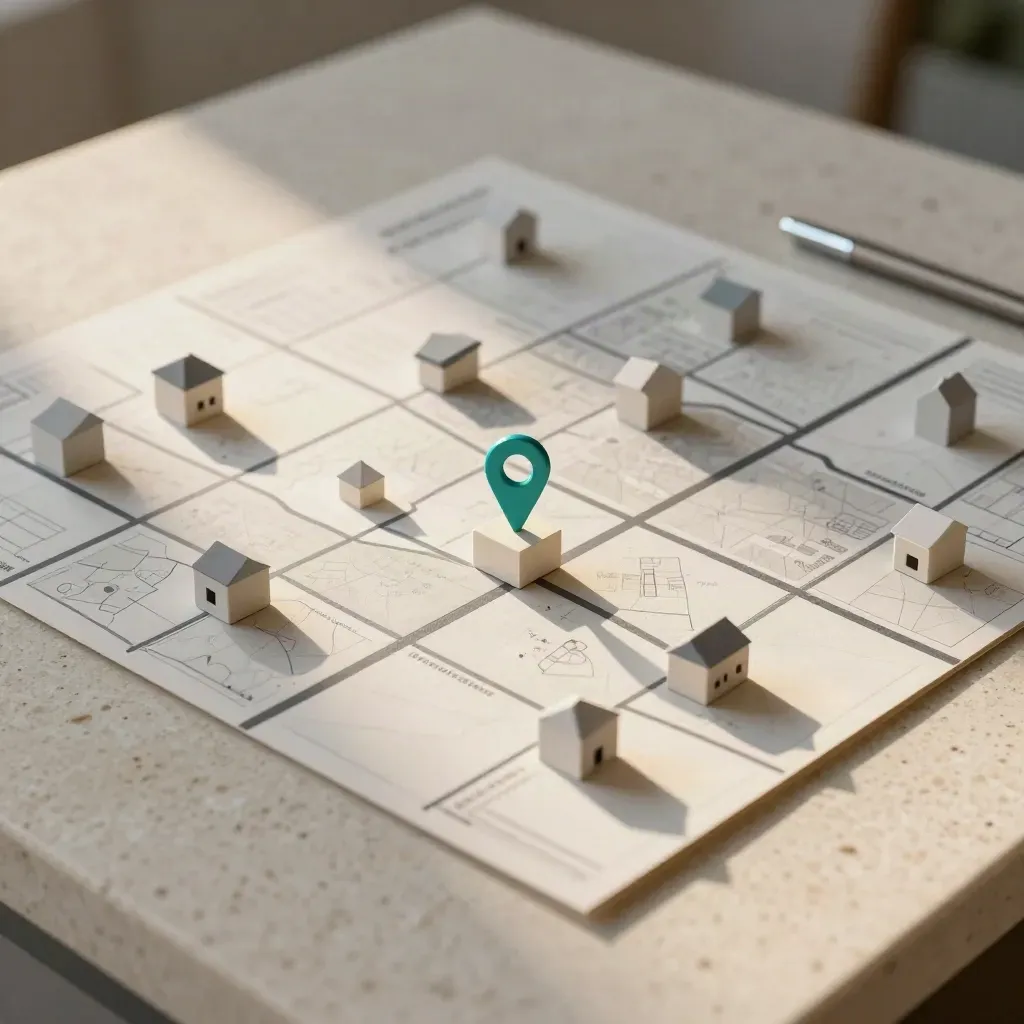 Overhead of miniature property blocks, teal pins, and mapping cards on travertine stone.