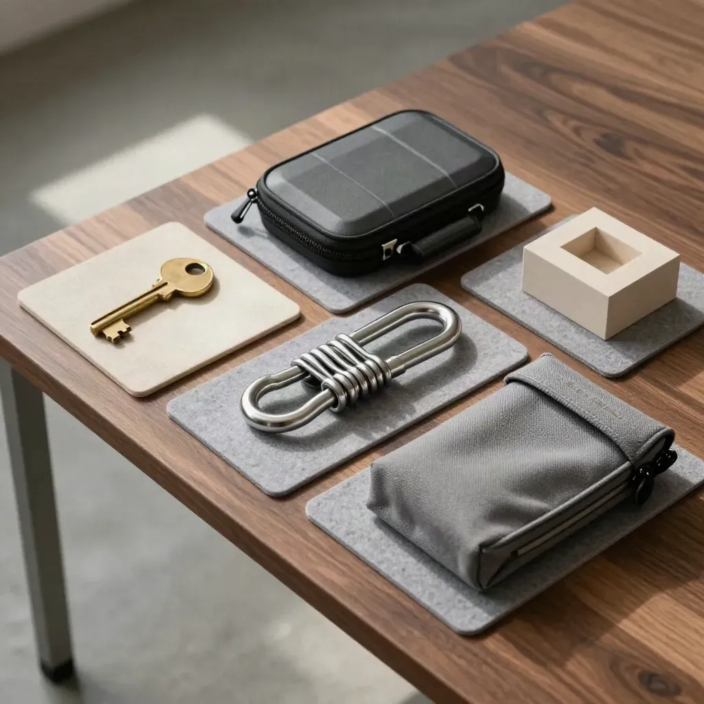 Overhead grid of asset items on mats: key, tool case, bike lock, model block and sealed pouch.
