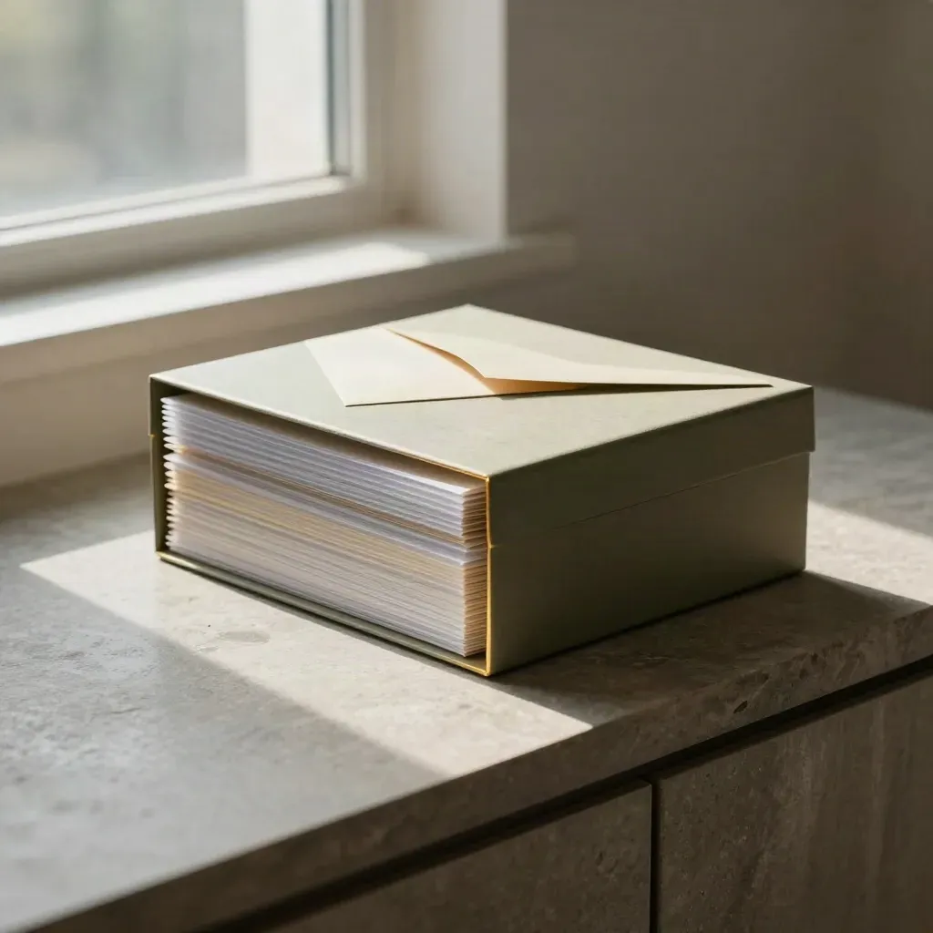 Archival box, opaque sleeve, and photo sleeves on a stone sideboard in dramatic window light.